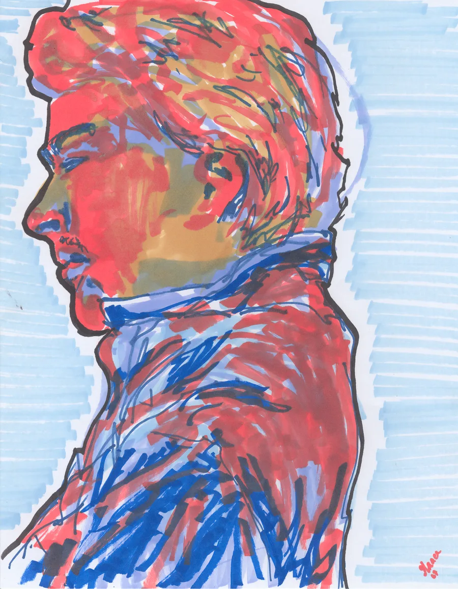 Marker drawing of Mitchell Shanklin in profile — reds and oranges with blue accents